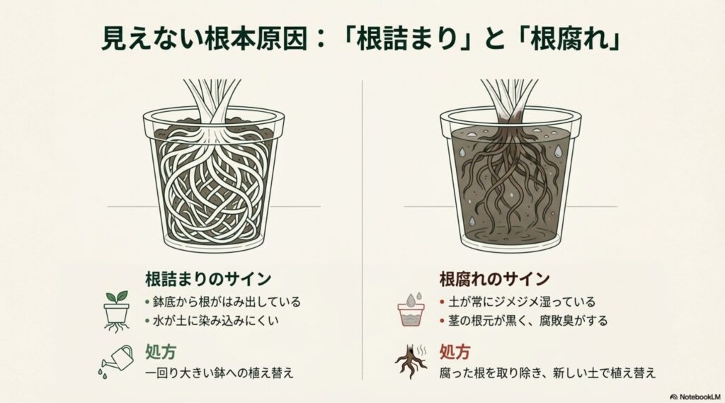 モンステラの根詰まりと根腐れの違いを示す根のイラスト比較