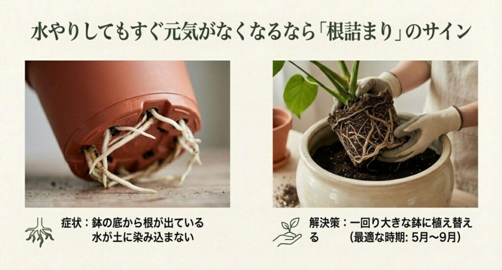 モンステラの根詰まりを示すサイン。鉢底から根が飛び出している様子と、一回り大きな鉢へ植え替えを行っている作業風景の写真。