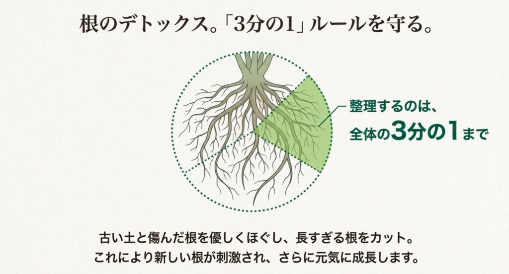 モンステラの古い土をほぐし、全体の3分の1を目安に根をカットする手順を示した図。