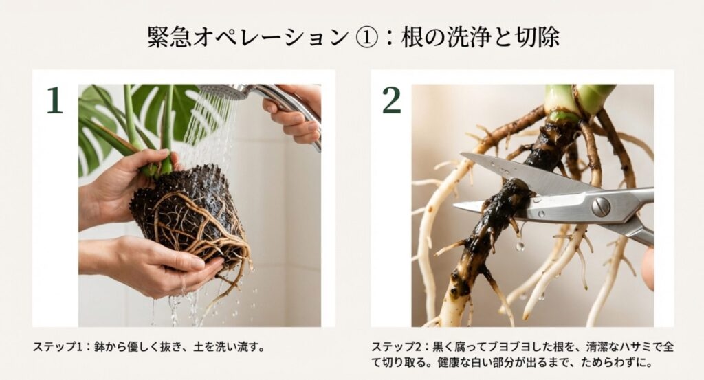 モンステラの根についた土を洗い流し、腐った黒い根をハサミで切り落としている作業写真