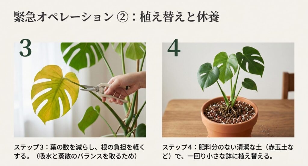 蒸散を抑えるために葉をカットし、赤玉土などの清潔な用土で植え替えたモンステラの写真