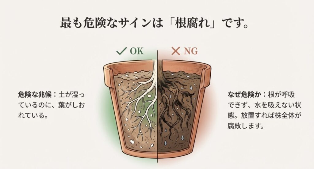 土が湿っているのに葉が萎れている「根腐れ」の状態と、健康な根の比較イラスト