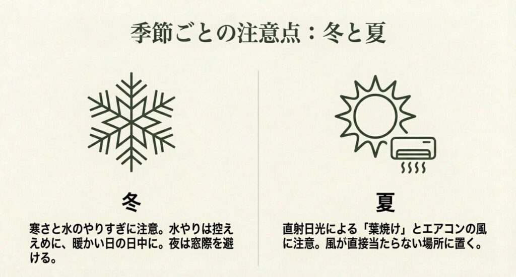 モンステラの季節ごとの管理ポイント。冬は寒さと水のやりすぎに注意し、夏は直射日光とエアコンの風に注意する必要があることをアイコンで示しています。