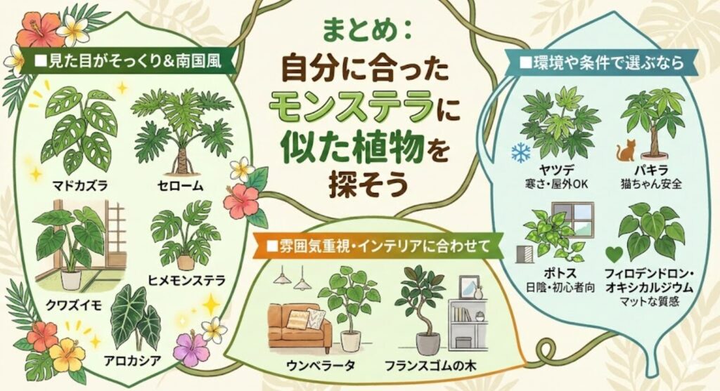 「まとめ：自分に合ったモンステラに似た植物を探そう」というタイトルのインフォグラフィック。マドカズラ、ヒメモンステラ、パキラ、ウンベラータなど、モンステラに似た観葉植物を「見た目・南国風」「環境・条件」「雰囲気・インテリア」の3つの視点で分類して紹介しているイラスト図。