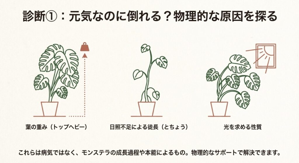 葉の重みと日照不足で倒れるモンステラのイラスト