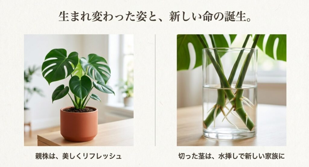 剪定したモンステラの茎を水に挿して発根させ、新しい株として再生させる様子のイラスト。