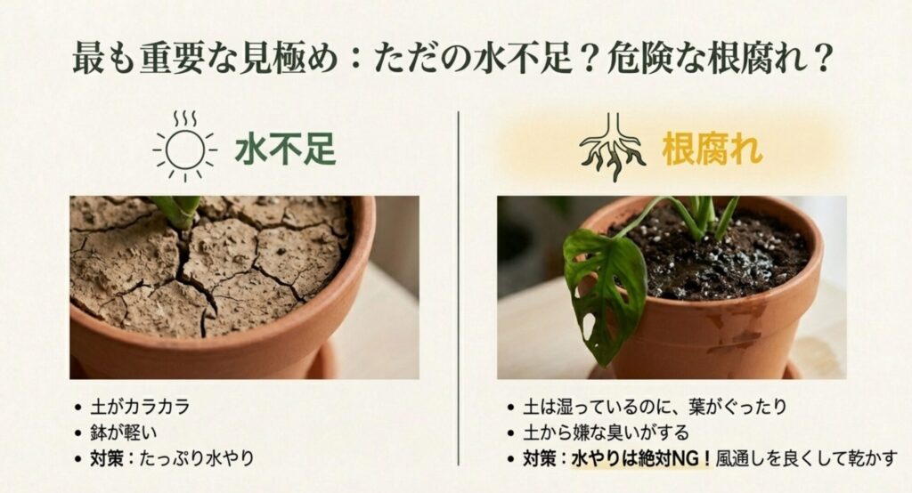 モンステラの葉が丸まる原因が水不足か根腐れかを診断するチャート。土がカラカラで鉢が軽ければ水不足、土が湿っていて異臭がすれば根腐れの可能性が高いことを示しています。