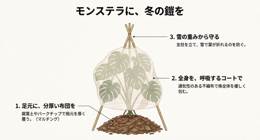 株元のマルチング、不織布によるラッピング、雪対策の支柱立ての3ステップ防寒図解