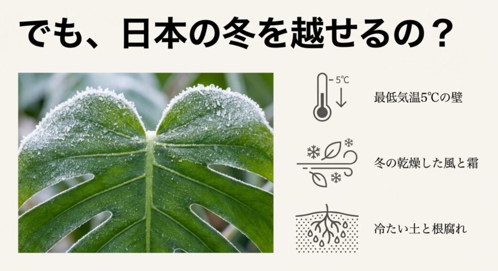 モンステラの耐寒温度5度と冬の乾燥した風、霜、冷たい土による根腐れのリスク図解