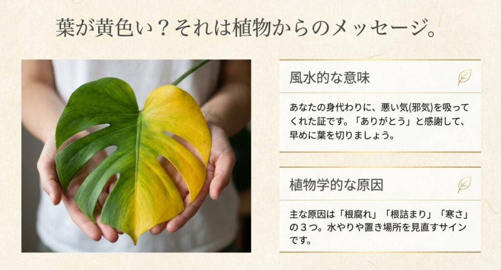 葉が黄色くなるのは邪気を吸った身代わりのサインという風水的解釈と、根腐れや寒さなどの植物学的な原因を解説した画像。