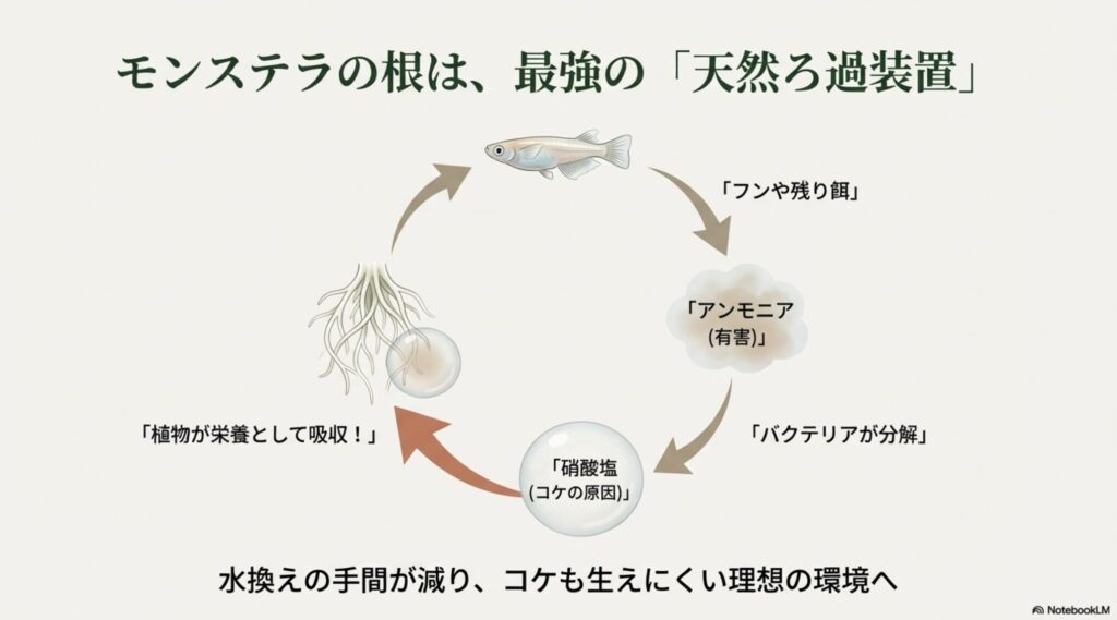 メダカのフンから出る有害物質をバクテリアが分解し、モンステラの根が硝酸塩を吸収して水を浄化するサイクルの図解。