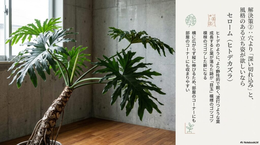 深い切れ込みと木質化した幹が特徴のセローム（ヒトデカズラ）