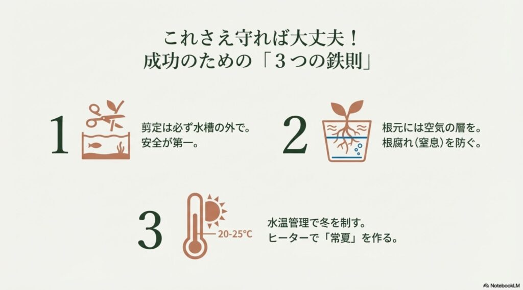剪定場所、水位管理、温度管理の3つの重要ポイントをまとめた、成功のための鉄則リスト。