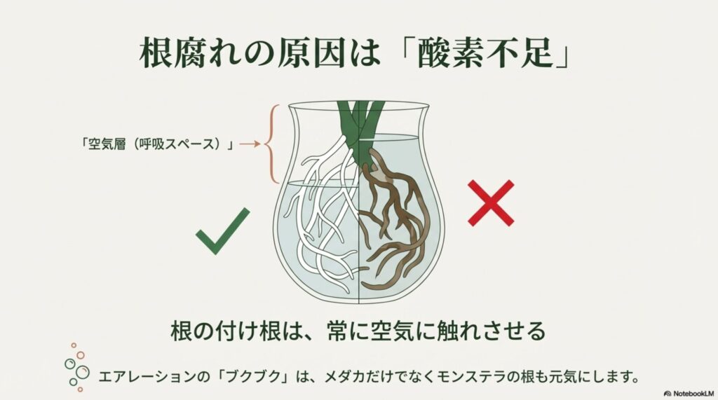 モンステラの根腐れ（窒息）を防ぐために、根の付け根を空気中に露出させる水位管理のポイント図解。