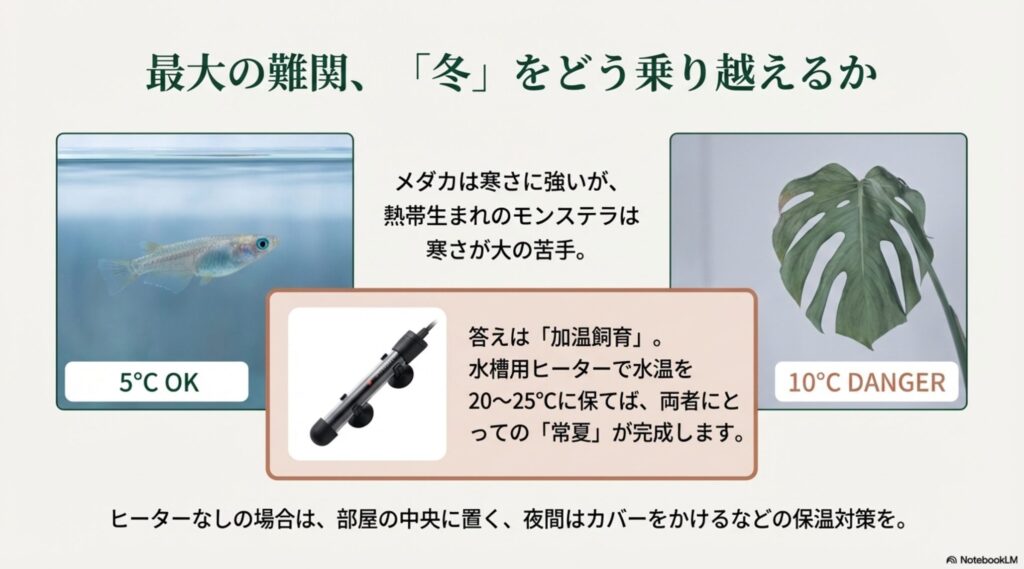 メダカとモンステラ両方が快適に過ごせる20〜25℃の水温を保つためのヒーター活用と冬越しのコツ。