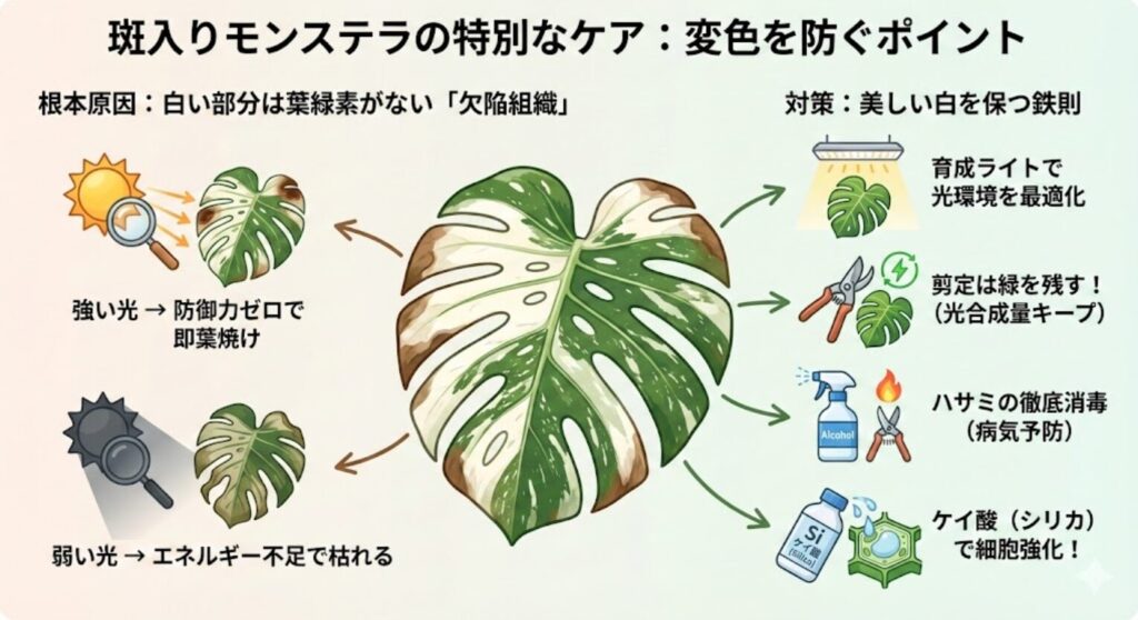 モンステラ　ホワイトタイガーやタイコンステレーションなどの斑入り品種は特に注意が必要