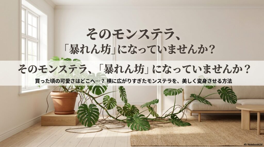 横に広がりすぎて形が乱れたモンステラのイラスト。「そのモンステラ、暴れん坊になっていませんか？」というキャッチコピー。