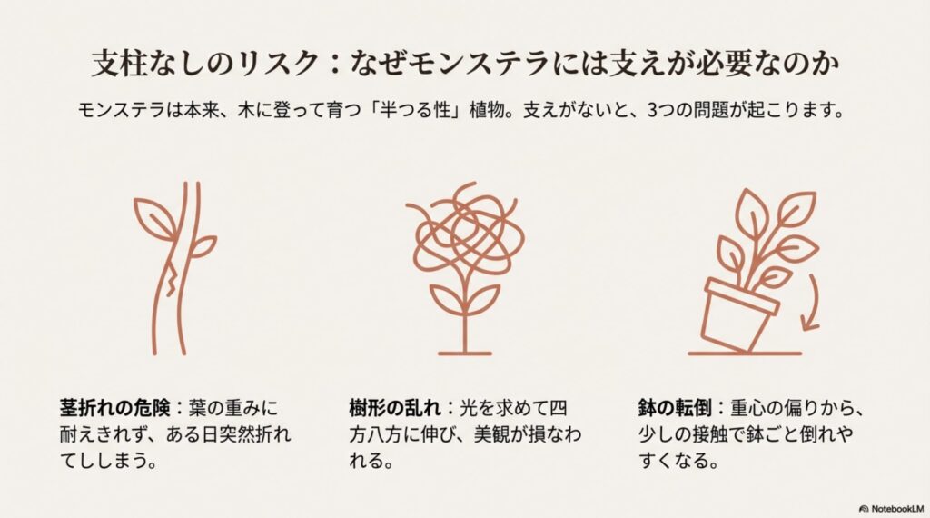 支柱がないと起こる問題点。茎折れの危険、樹形の乱れ、鉢の転倒を図解したイラスト 。