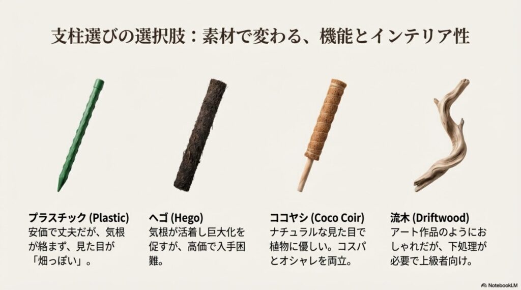 モンステラの支柱に使われる素材のイラスト。ヘゴ支柱、ココヤシ支柱、流木の見た目の違い 。