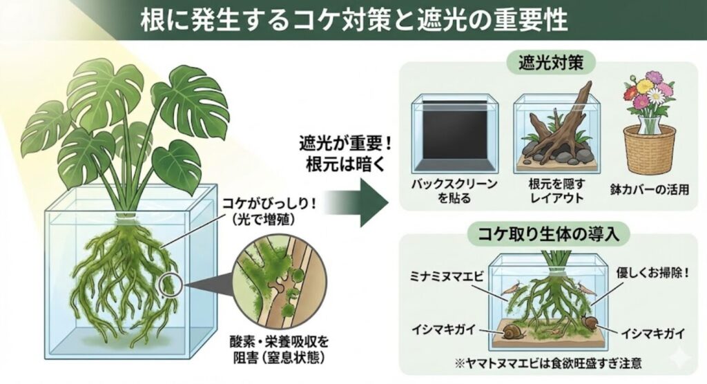 モンステラ　根に発生するコケ対策と遮光の重要性