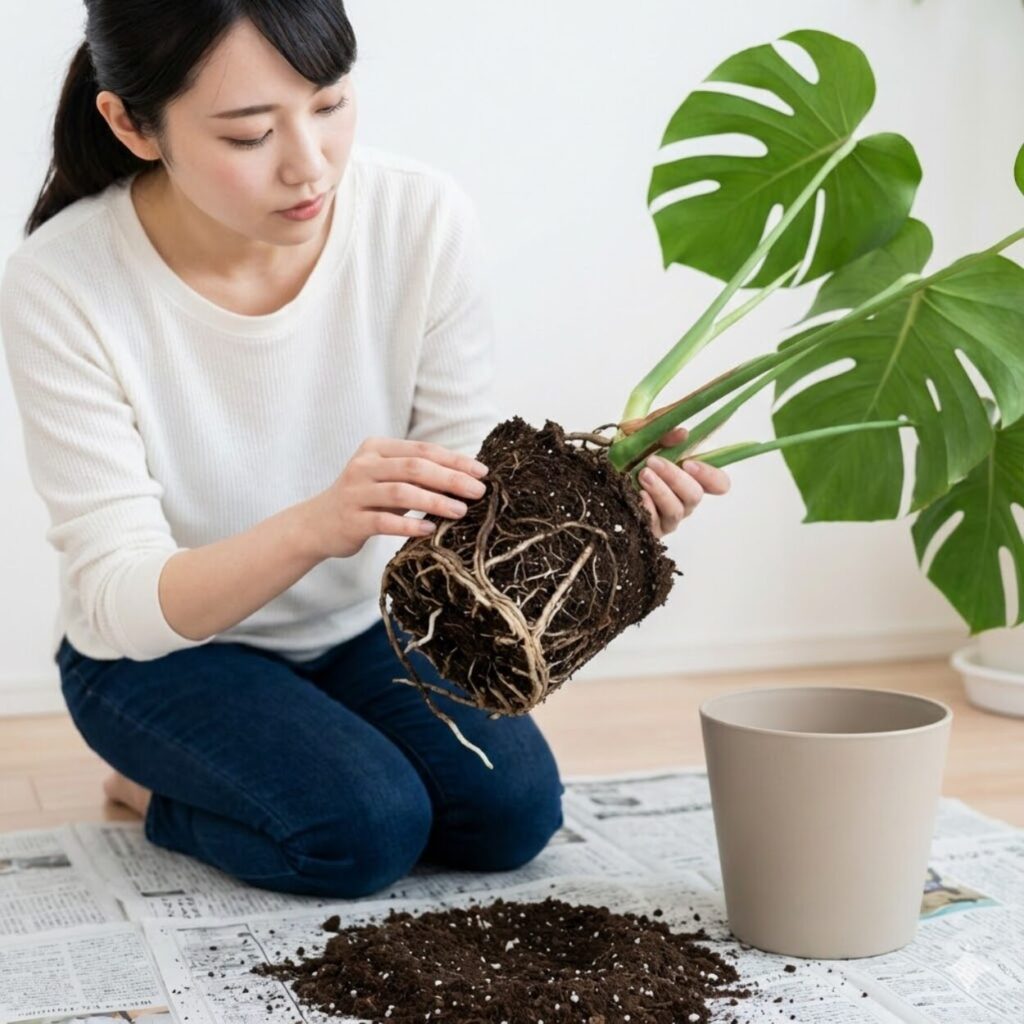 モンステラ 根の状態を確認して植え替える