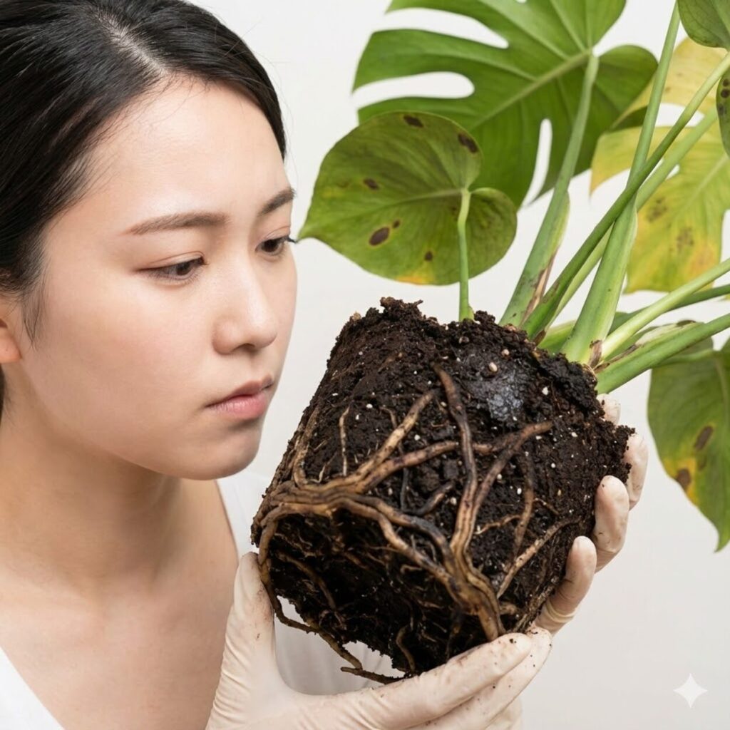 モンステラ 根腐れによる葉の変色と黒ずみのサイン