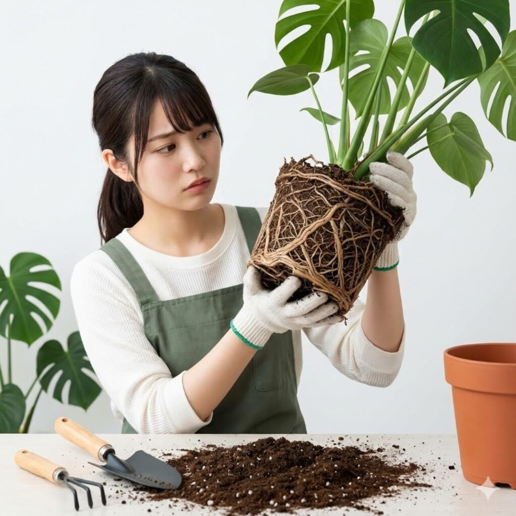 モンステラ　根詰まりが原因で成長が止まっていないか