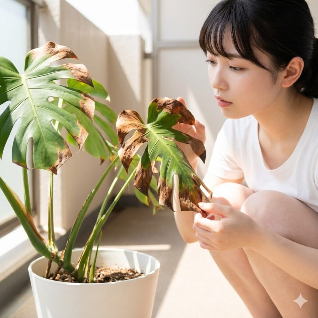 モンステラ 直射日光による葉焼けで焦げた状態