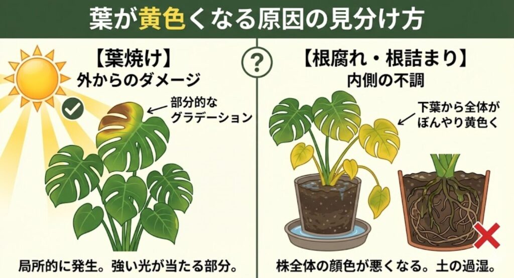 モンステラ　葉が黄色くなるのは根腐れの可能性
