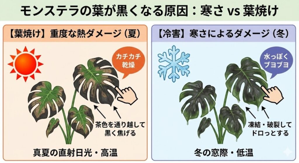 モンステラ　葉が黒くなるのは寒さか葉焼けか