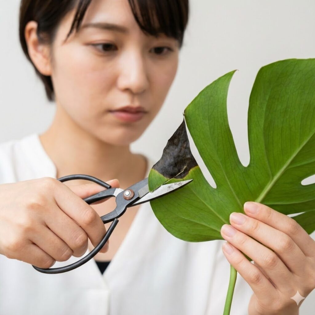 モンステラ　葉っぱが黒い場合は切るべき？黒い葉の切り方のコツ