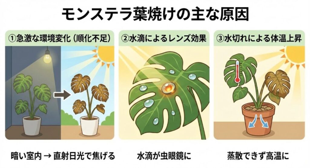 モンステラ　葉焼けが発生する主な原因