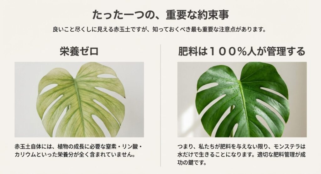 赤玉土には栄養が含まれていないため、肥料管理が必須であることを警告するスライド。葉の色が薄くなったモンステラのイラスト付き