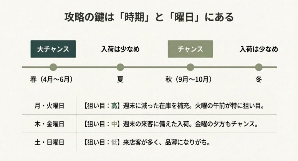 ダイソーのモンステラ入荷時期は春（4-6月）と秋（9-10月）がチャンス。曜日は月・火・金曜日が狙い目です。