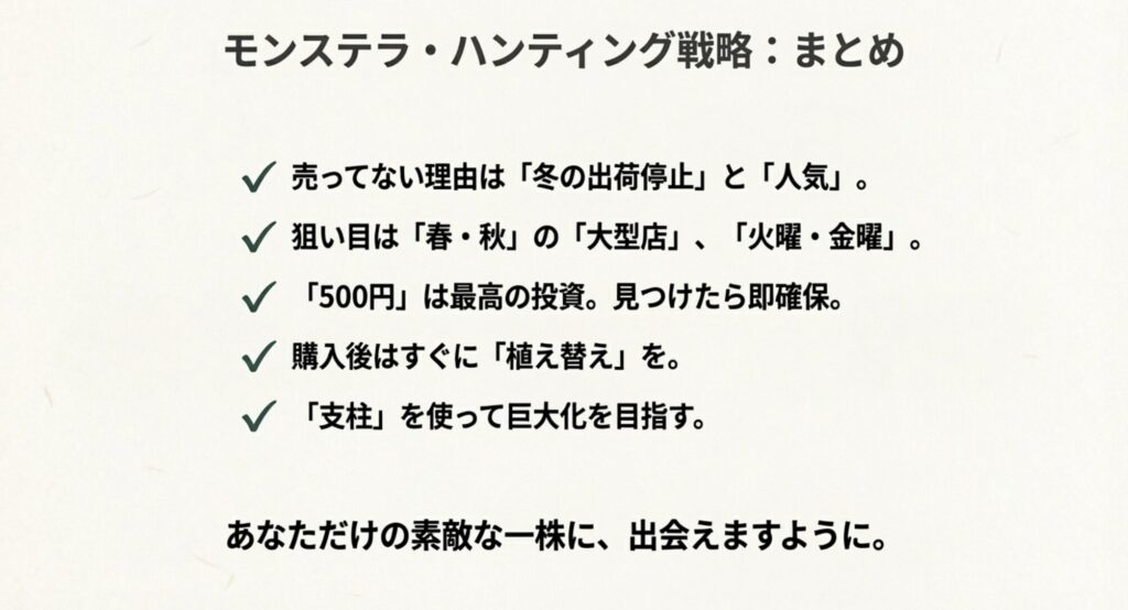 売ってない理由は冬と人気。狙い目は春秋の大型店。購入後は植え替えと支柱で巨大化を目指しましょう。