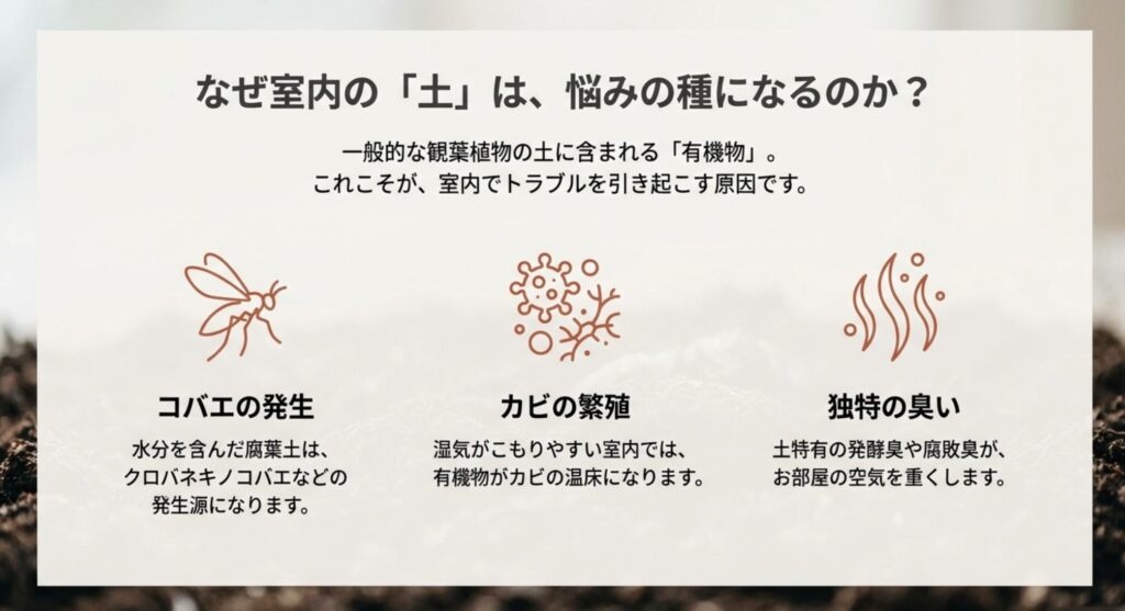 室内での観葉植物栽培において、有機質の土が原因で発生するコバエ、カビ、不快な臭いのイラスト解説