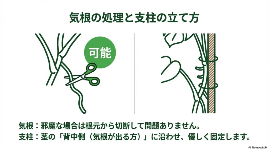 邪魔な気根をハサミで切る様子と、茎の背中側に支柱を立てて紐で固定する方法を描いたイラスト