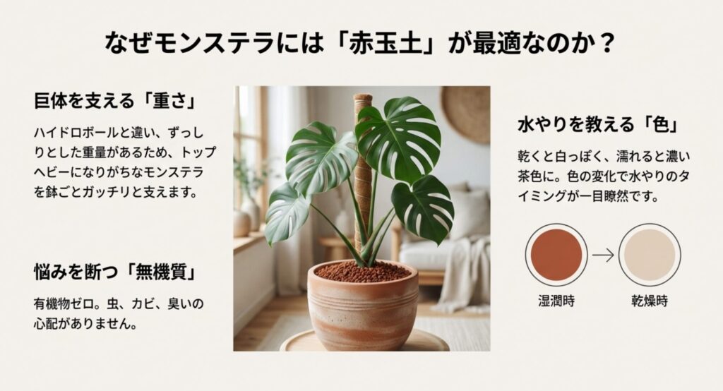 モンステラ栽培に赤玉土を使うメリット。重さによる安定性、色の変化による水やり管理の容易さ、無機質による清潔さを解説した図解