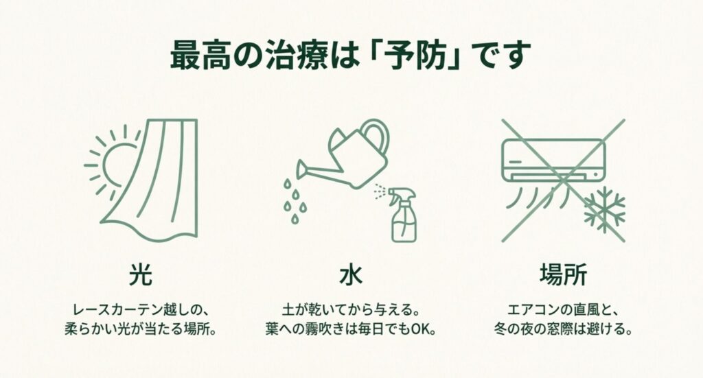 モンステラの葉を茶色くさせないための予防管理（光・水・置き場所）