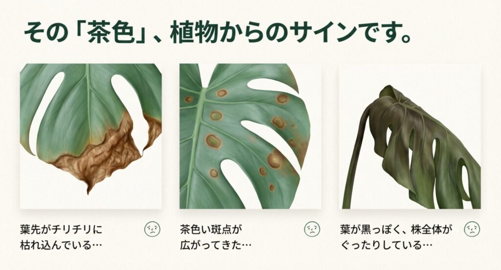 茶色く変色したモンステラの葉の症状イラスト
