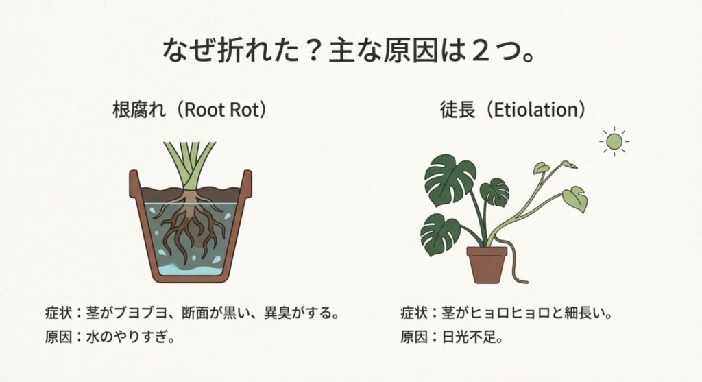 茎が黒くなる根腐れと、ヒョロヒョロ伸びる徒長の症状比較イラスト