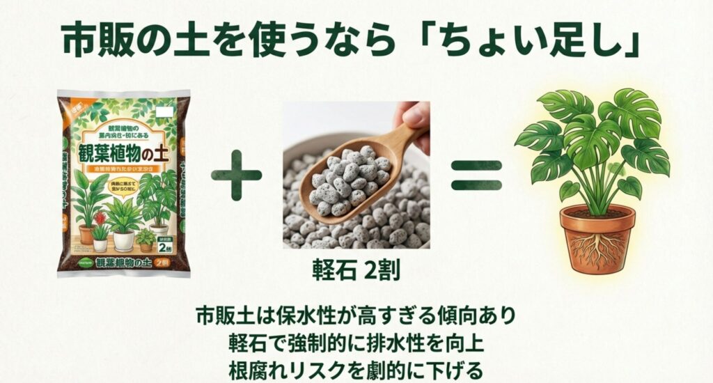 市販の観葉植物の土に軽石を2割混ぜて排水性を高める方法の図解
