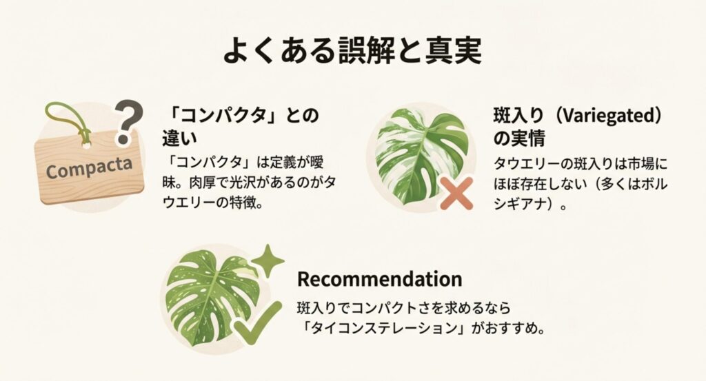モンステラコンパクタとタウエリーの違いを解説。コンパクタは定義が曖昧だがタウエリーは肉厚で光沢がある。また市場に流通するタウエリーの斑入りは稀で、斑入りかつコンパクトさを求めるならタイコンステレーションが推奨される。