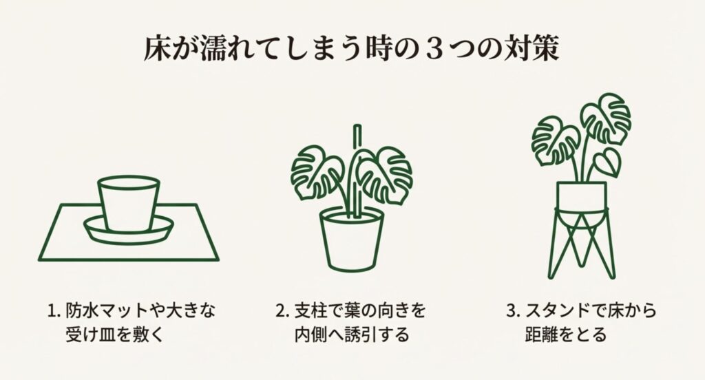 モンステラの水滴で床が濡れるのを防ぐ対策イラスト。防水マット、支柱での誘引、スタンドの活用。