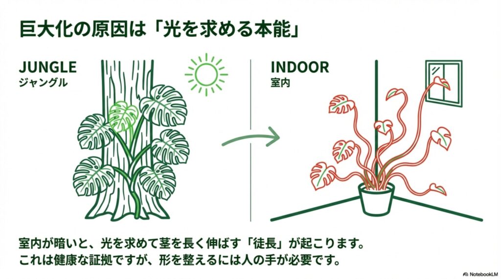 モンステラがジャングルの木に着生して育つ様子と、室内の暗い環境で光を求めて徒長してしまう様子の比較図