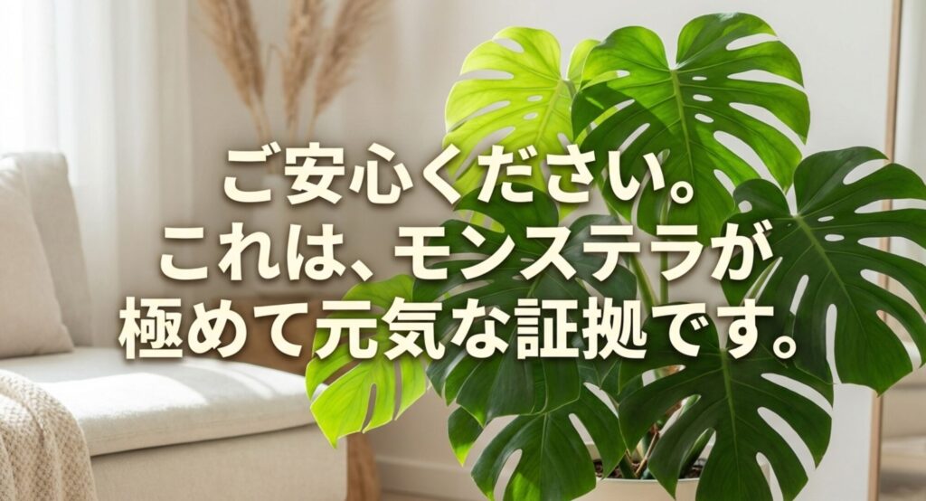 モンステラの葉から出る水滴は極めて元気な証拠であることを伝えるメッセージ画像。