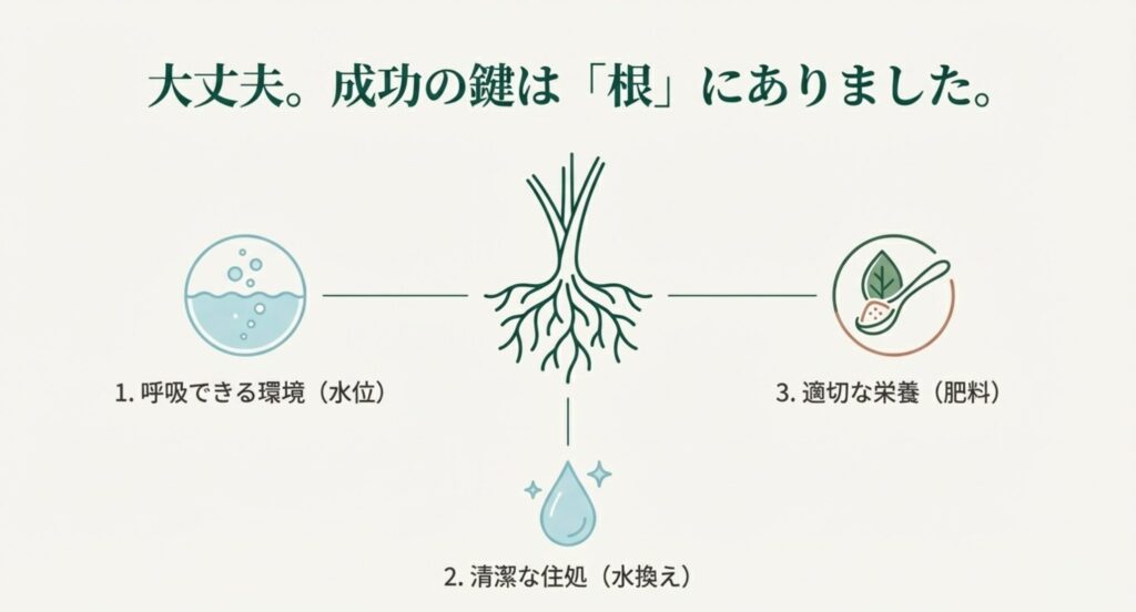 モンステラ水耕栽培を成功させる3つのポイントまとめイラスト。1.呼吸できる環境（水位管理）、2.清潔な住処（水換え）、3.適切な栄養（専用肥料）の重要性をアイコンで図解。