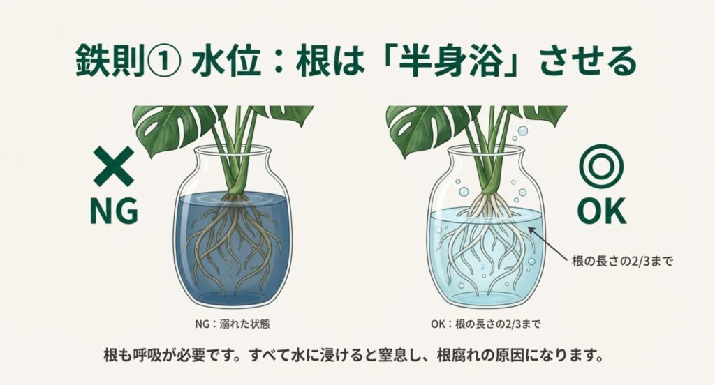 モンステラの水耕栽培における水位のイラスト解説。根の全体を水没させるNG例と、根の長さの3分の2まで水に浸ける半身浴スタイルのOK例の比較図。