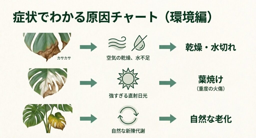 モンステラの葉が茶色くなる原因チャート（乾燥・葉焼け・自然老化）
