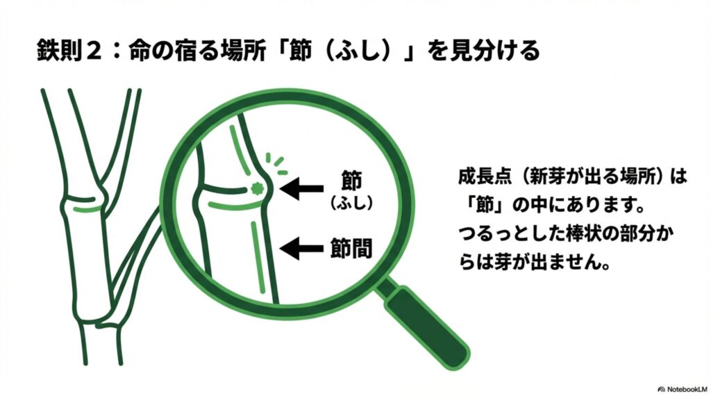 モンステラの茎の拡大図。膨らんだ「節」に成長点があり、つるっとした「節間」との違いを解説したイラスト